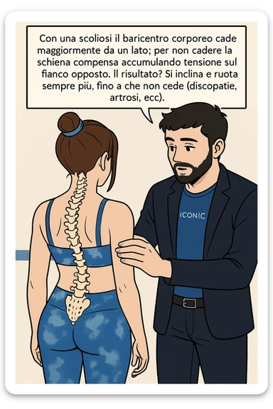 fai questa immagine in versione manga/webtoon a colori, il manga mostra la donna di spalle, mentre l'uomo le tocca la spina dorsale per spiegarle come funziona la scoliosi:
Con una scoliosi il baricentro corporeo cade maggiormente da un lato; per non cadere la schiena compensa accumulando tensione sul fianco opposto.
Il risultato? Si inclina e ruota sempre più, fino a che non cede (discopatie, artrosi, ecc) sticker