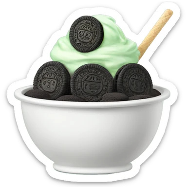 A white bowl with mint ice cream and Oreos sticker