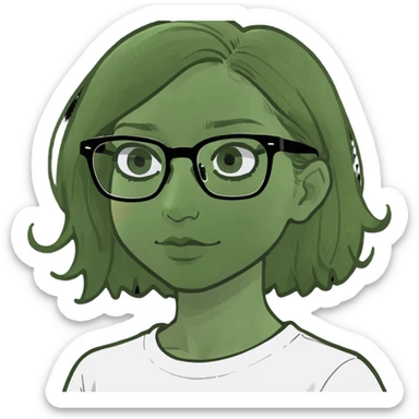 Long black hair girl in a white T-shirt and black square glasses studying with an Ipad. sticker