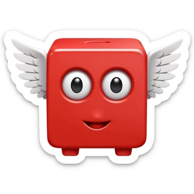 playful red cube figure with white accents, featuring large cartoonish eyes with question marks, a smiling mouth, and small wings attached to its sides sticker