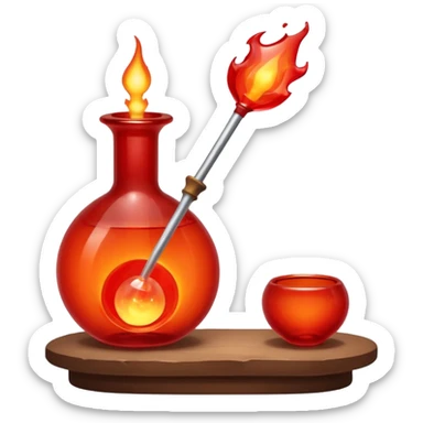 Glassblowing and casting icon, molten glass being shaped into a delicate object with a blowpipe, glowing red-hot glass being poured into a mold, unfinished glass sculpture, minimalistic style, clean lines, transparent background. sticker
