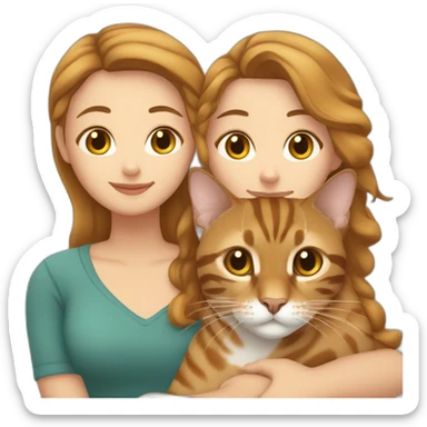 One white woman with short brown hair with a white woman with light brown shoulder long hair hugging a tabby brown bengal cat sticker