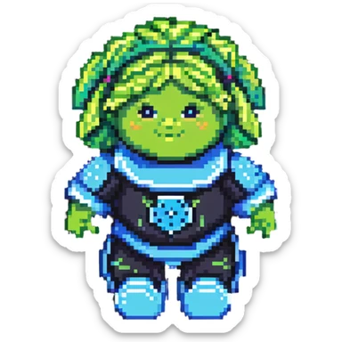 Cabbage Patch Kid as Tron character in 80's pixel art arcade style with vibrant neon colors sticker