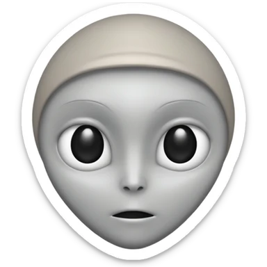 Grey alien head, almond-shaped black eyes, pale grey skin, cartoon emoji, no background sticker