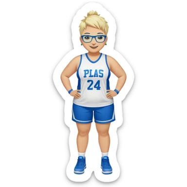 Full Body plus size white female with short spike hair wearing blue glasses basketball player wearing blue green uniform smiling sticker