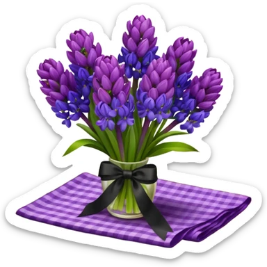 A lush bouquet of bright prple color Hyacinths black satin ribbon, resting on an antique wooden table, with a pale yellow and pink plaid pattern table cloth sticker