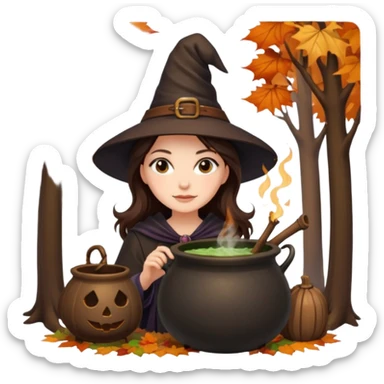 Pretty Brunette Witch in forest with cauldron with trees during autumn  sticker