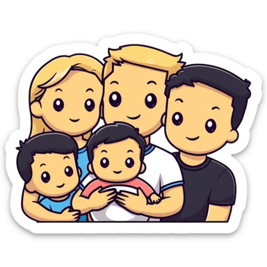 family with blond dad, brunette mom, blonde son, daughter with black hair, and a baby sticker
