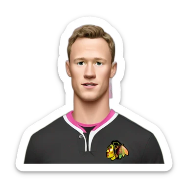 Jonathan Toews standing in front of pink mansion sticker