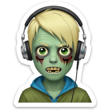 boy zombie whit blonde emo hair and eyes blue and GREEN SKIN and heandphones AND A MICROFONE and gold teeth sticker