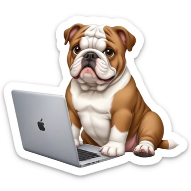 English bulldog sitting with a laptop sticker