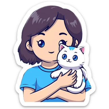 Cute Asian girl cradling a ragdoll cat with blue eyes and light colored fur with darker points sticker