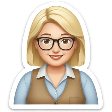Plus size blonde woman wearing glasses and a vest, friendly smile sticker