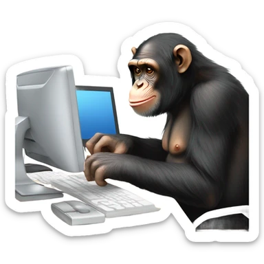 Chimpanzee sitting at desk, working at computer sticker