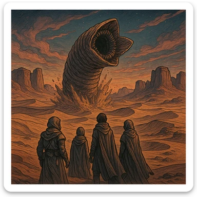 Arrakis planet from Dune, with a sandworm bursting out of the ground in the midground, three people standing in the foreground, rock formations in the background, and a dusk sky, in a detailed illustrative style sticker