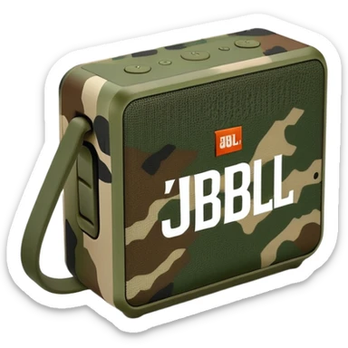 Ultra minimal JBL Go 4 bluetooth speaker with green and brown camouflage pattern, sleek design, simplified controls sticker