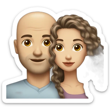 caucasian bald man with grey eyes and a caucasian woman with long curly dark hair and brown eyes kissing sticker