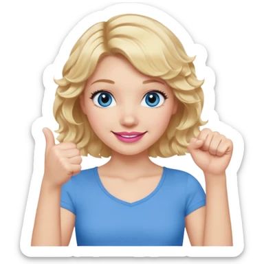 Girl Blonde short wavy hair,  blue eyes, cute blue top, long lashes, pink lips, smiling, fist bump sticker