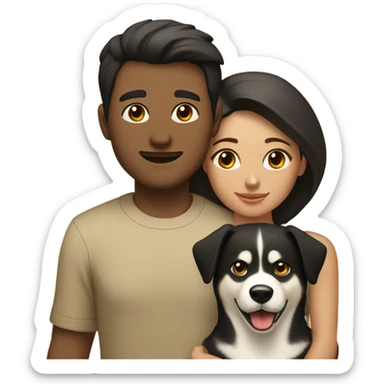 A couple man and woman Both have dark hair, with in the middle of them. A Husky. Golden beige sticker