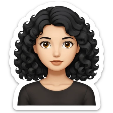 This avatar has shoulder-length black hair styled in large, wavy curls that frame the face, giving a soft and natural look. sticker
