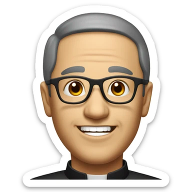 old catholic priest with black hair, smiling with teeth and glasses, no beard or mustache sticker