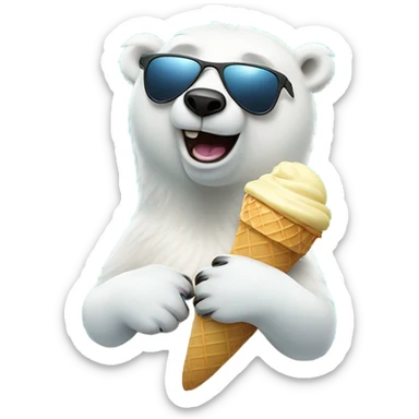 A polar bear on a surf board in the ocean wearing sunglasses and eating an ice cream cone sticker
