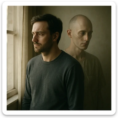 A man standing by a window in a softly lit room, looking out with a pensive expression. Behind him, a faint double exposure shows a version of himself shaped by illness, symbolizing a 'what if' life. Cinematic, emotional realism, symbolic duality, soft light, hyperrealistic 4K. sticker