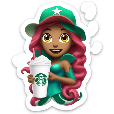 Ariel the mermaid with u Penn hat and air pods in and Starbucks strawberry açaí refresher sticker