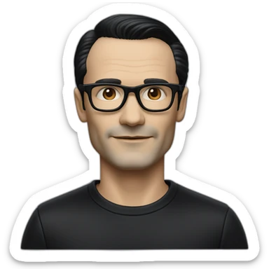 small photo realistic Ralf Hutter from Kraftwerk, short straight black hair, Dark Brown eyes, black glasses, thin, black shirt, side view, waving, in open top black tesla sticker