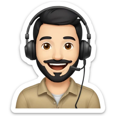 laughing man with black hair, brown eyes, black beard wearing gaming headset sticker