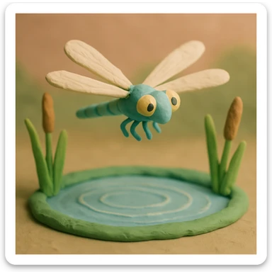 claymation style dragonfly hovering above a pond, soft pastel colors, visible wings and water reflections sticker