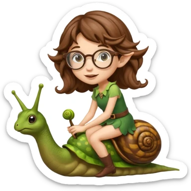 tiny forest elf woman brown wavy hair glasses riding a snail sticker