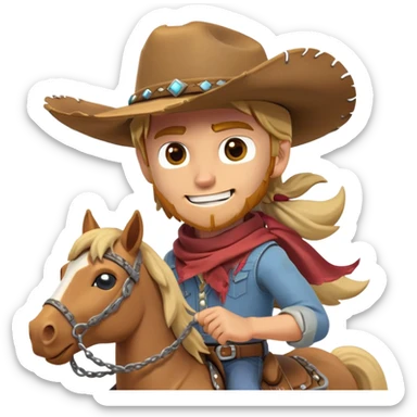 clash-of-clans-aesthetic_-cinematic-playful-cowboy-portrait-emoji, head-tilted with a roguish, cheeky grin and twinkling eyes, featuring a wide-brimmed cowboy hat and a weathered bandana on tan skin, riding a powerful galloping horse with dynamic flowing mane, reins gripped firmly in one hand and a lasso in the other, as dust swirls behind them in a vast desert landscape. sticker