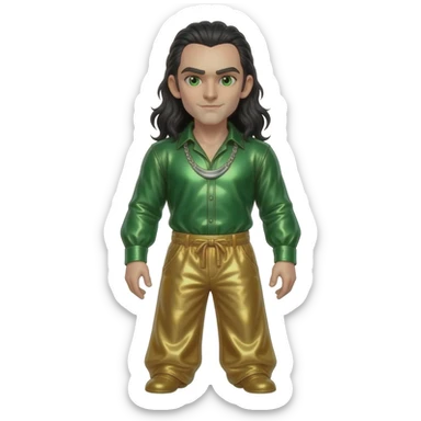 Loki from Norse Mythology with green eyes, long black hair, green metallic shirt, gold metallic baggy pants, silver necklace sticker