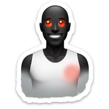 A man with a happy face but a black figure behind him with a red glowing eye sticker