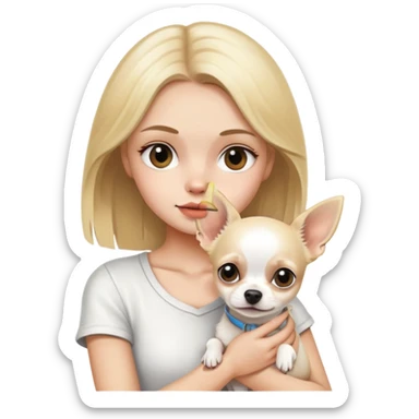 A dirty blonde girl holding a white chihuahua sticker