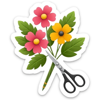 Minimalistic flat vector icon, iOS style, thin black contour on white background. Flower bouquet with leaves and scissors. No text, no shadows. sticker