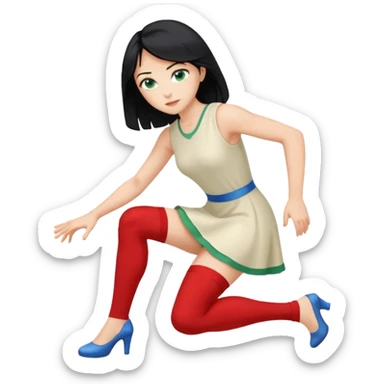 prince, black hair, blue eyes, garment, woman, blonde hair, green eyes, bending knee, sleveless white dress, sticker