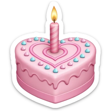 heart shaped birthday cake, pastel pink color, with one candle, cute design, sparkles sticker