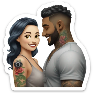Photo Female model smiling at a very handsome tattooed man taking pictures  sticker