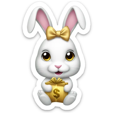 a bunny with lots of money in her hand with a BOW in her hair sticker