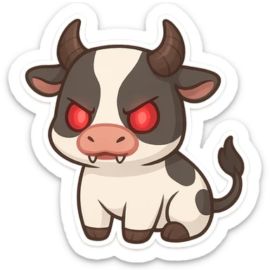 cute evil cow, chibi style, glowing red eyes, tiny fangs, adorable but menacing sticker