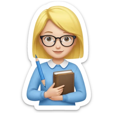 A smart and cute girl with yellow bobbed hair, wearing sky blue clothes,
I hold a book in one arm. There is a pen in the book.
He is wearing black-rimmed glasses and smiling brightly. sticker