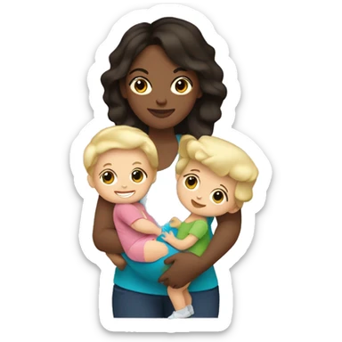 Brunette plus size mom, holding young blond boy and 18 month old blonde baby girl sticker