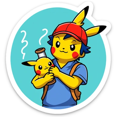 21 yo Handsome Ash Ketchum using a bong with picachu on his head sticker