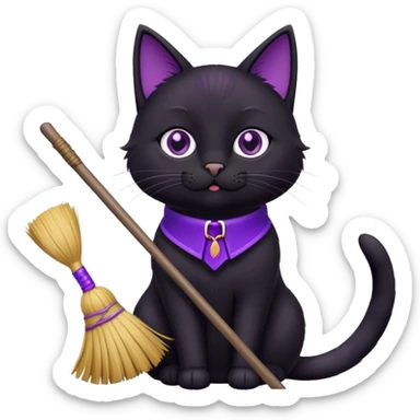 cute black cat with a broom, purple collar sticker