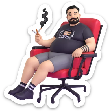 Large man reclining in chair, legs spread, smoking a cigarette, round face, very short black hair, well-groomed beard with mustache, light skin, black t-shirt with light stripes at top riding up to show belly, black shorts, arms covered in black graphic tattoo patterns with designs visible on forearms and shoulders sticker
