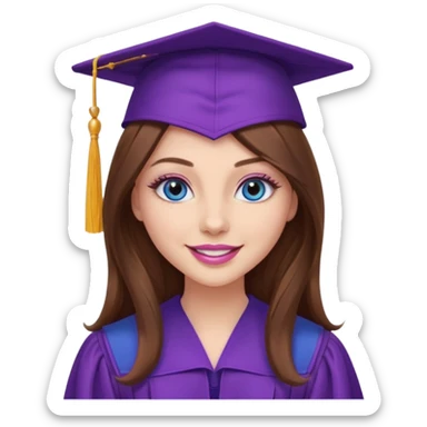 girl with gorgeous long brown hair, blue eyes, long lashes makeup, sexy pink lips, wearing a purple graduation cap and gown sticker
