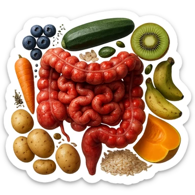 intestino umano anatomico infiammato con carota, fiocchi di avena, zucchine, kiwi, mirtilli, semi di chia, patate, banane acerbe, zucca, riso che gli fluttuano dietro, iperrealistico 4k sticker