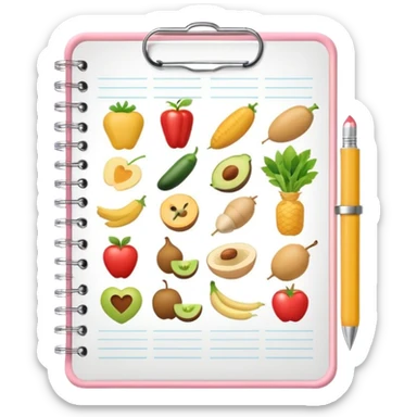 Emoji of checklist notebook with healthy food icons, nutrition planning, flat minimal emoji, pastel colors sticker